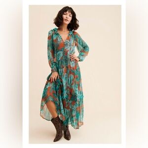 Anthropologie Boho chiffon Elegant Teal and Rust Floral Maxi Dress w/ slip